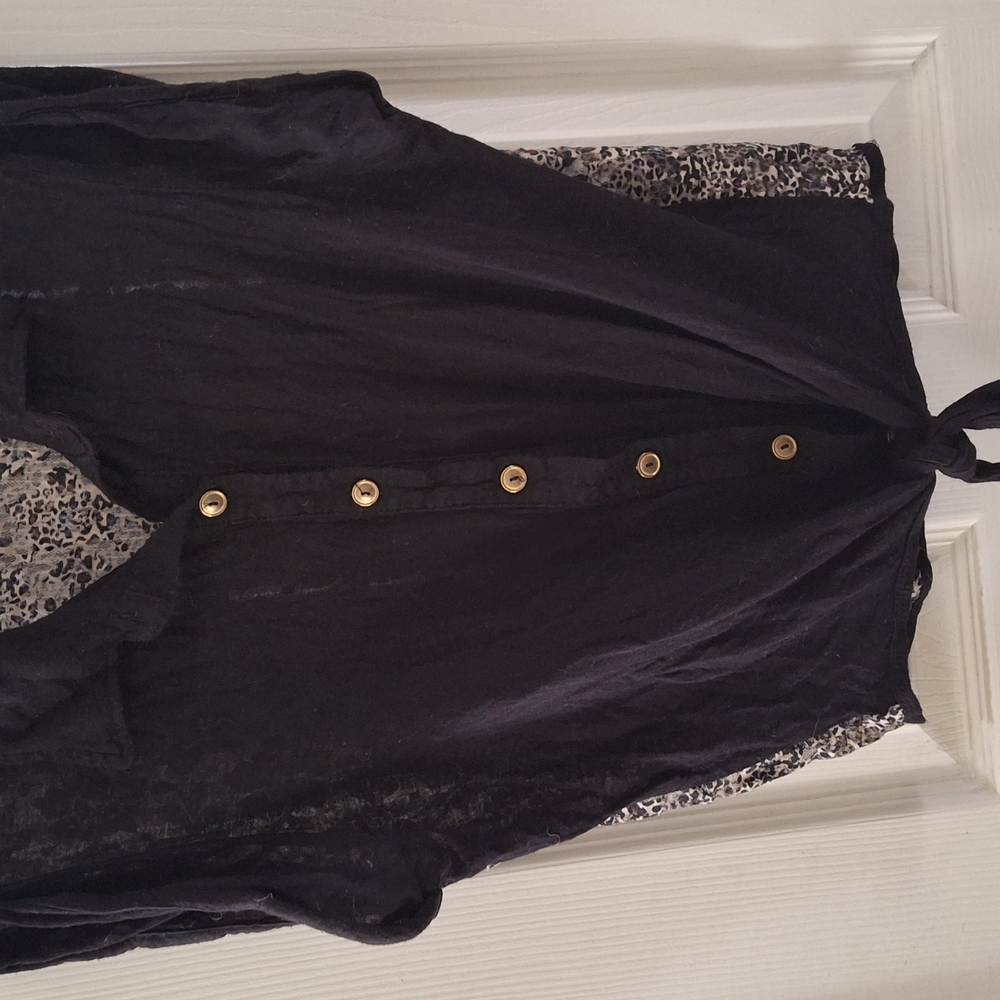 Black Button-Up Blouse with Leopard Print